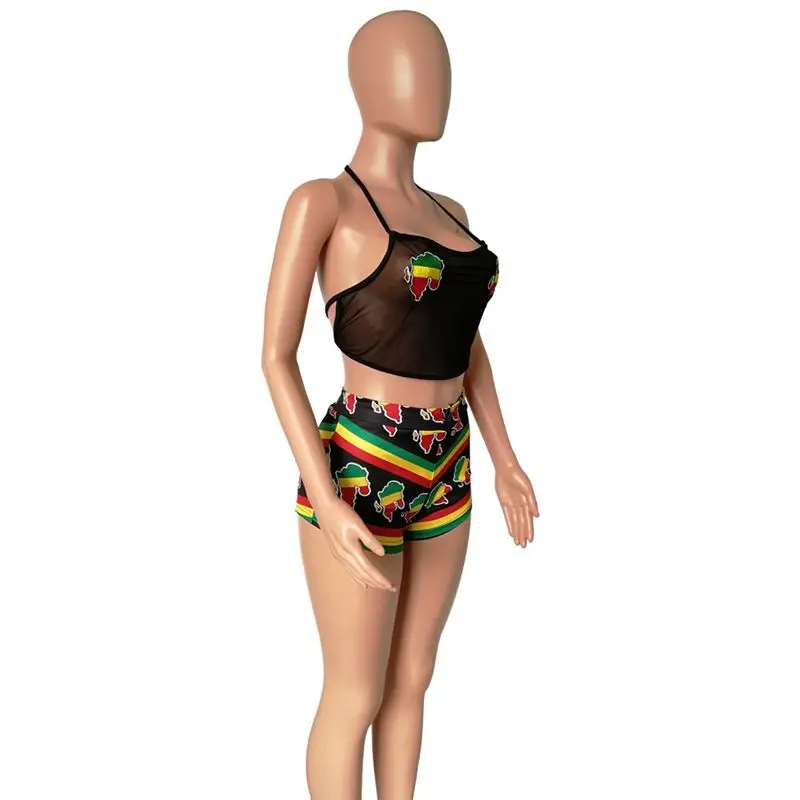 HAOYUAN прозрачный кружевной сексуальный комплект из двух предметов топ с открытыми плечами и шорты летний пляжный купальник с принтом женские костюмы