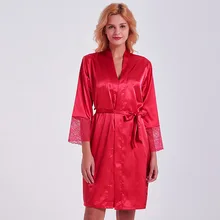 Женский с кружевной отделкой кимоно купальный халат однотонный Сексуальный Атласный домашний халат Srt невесты Свадебная ночная рубашка-пеньюар M L XL