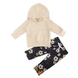 Новый однотонный топ с капюшоном для маленьких девочек + штаны с цветочным принтом, комплекты из 2 предметов, Детские весенне-осенние теплые