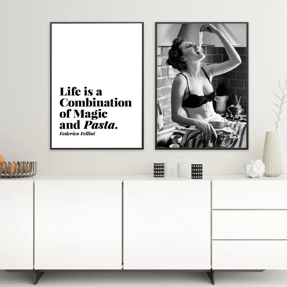 

Italian Pasta Art Wall Pictures for Kitchen Room Nordic Foodie Woman Photography Pasta Life Magic Prints and Posters Decoration