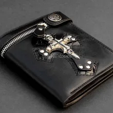 Мужской рокер череп ковбоя и крест кожаный бумажник черного цвета M0412