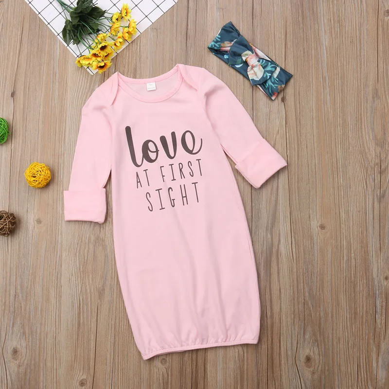 Newborn Infant Baby Girl Sleeping Gown Swaddle Pajamas Outfits Pink Sleeping Bag+ Print Headband for Newborn Boys and Girls