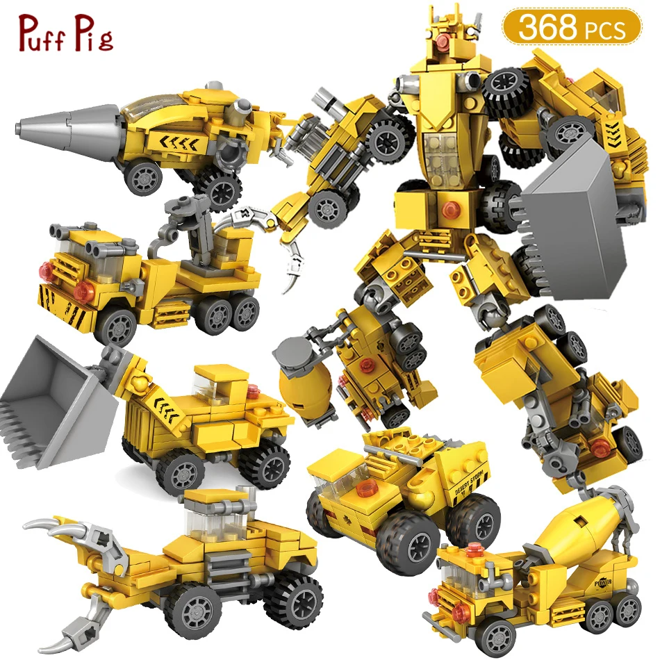 

6 IN 1 City Engineering Transporter Bulldozer Excavator Transform Robot Figures Building Blocks Compatible Legoing City Toys Kid
