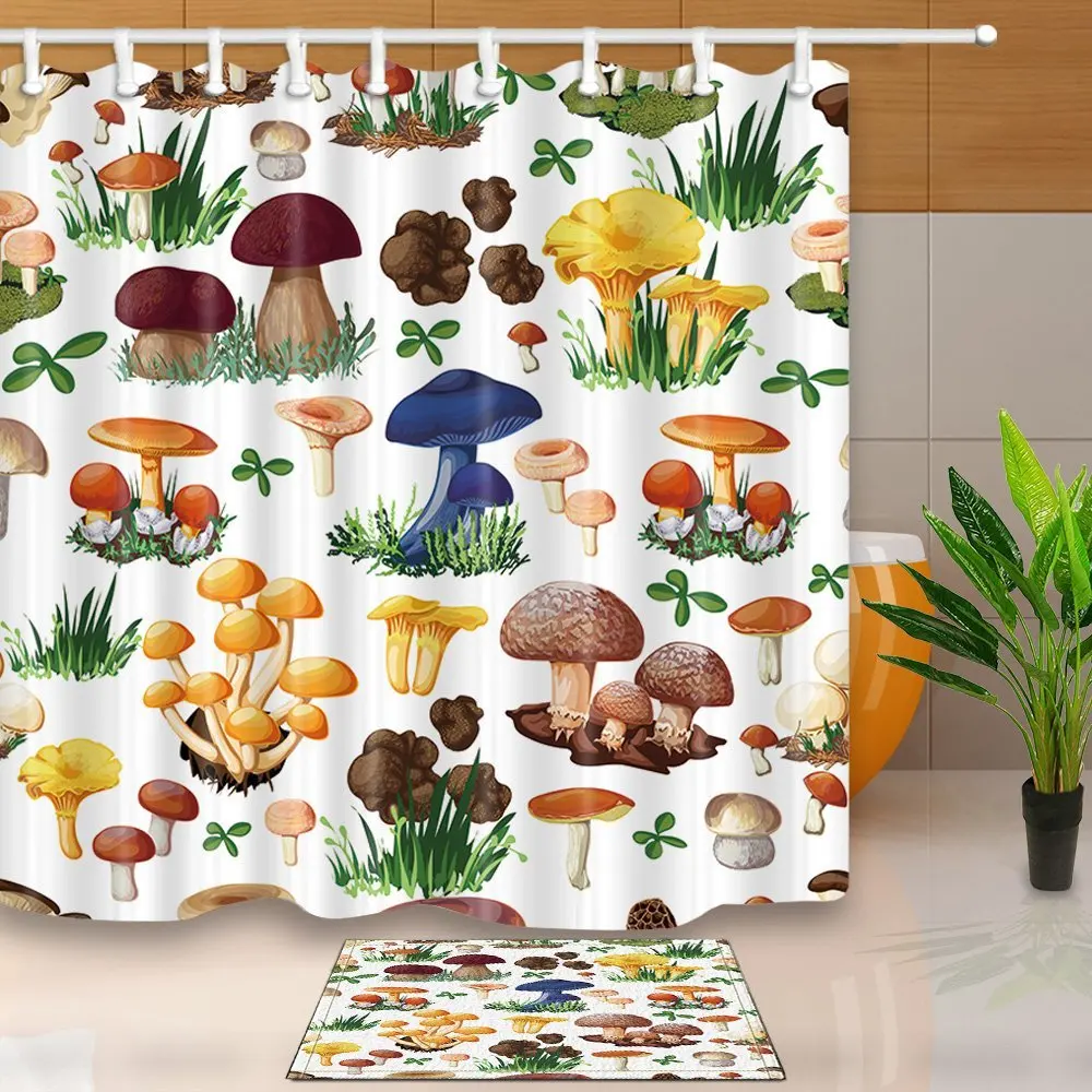 

Natural Wild Mushroom Flowers Meadows Decor Waterproof Polyester Fabric Shower Curtain Set Non-Slip Floor Mat Bath Rug