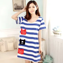 Summer New Fashion Women’s Knitting Cotton Striped Cute Sleep Dress Sleepshirts Multi Pockets Casual Homewear Girls