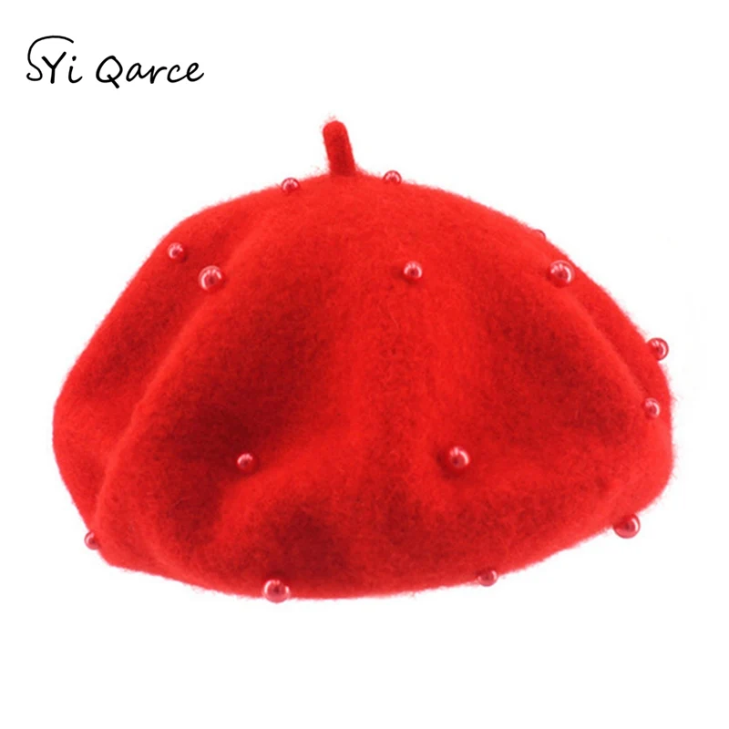 SYi Qarce, детский модный шерстяной берет с жемчугом, шапка, лучший подарок для девочки, весна, осень, зима, удобный берет в стиле винтаж, шапка, NM076-3 - Цвет: Red
