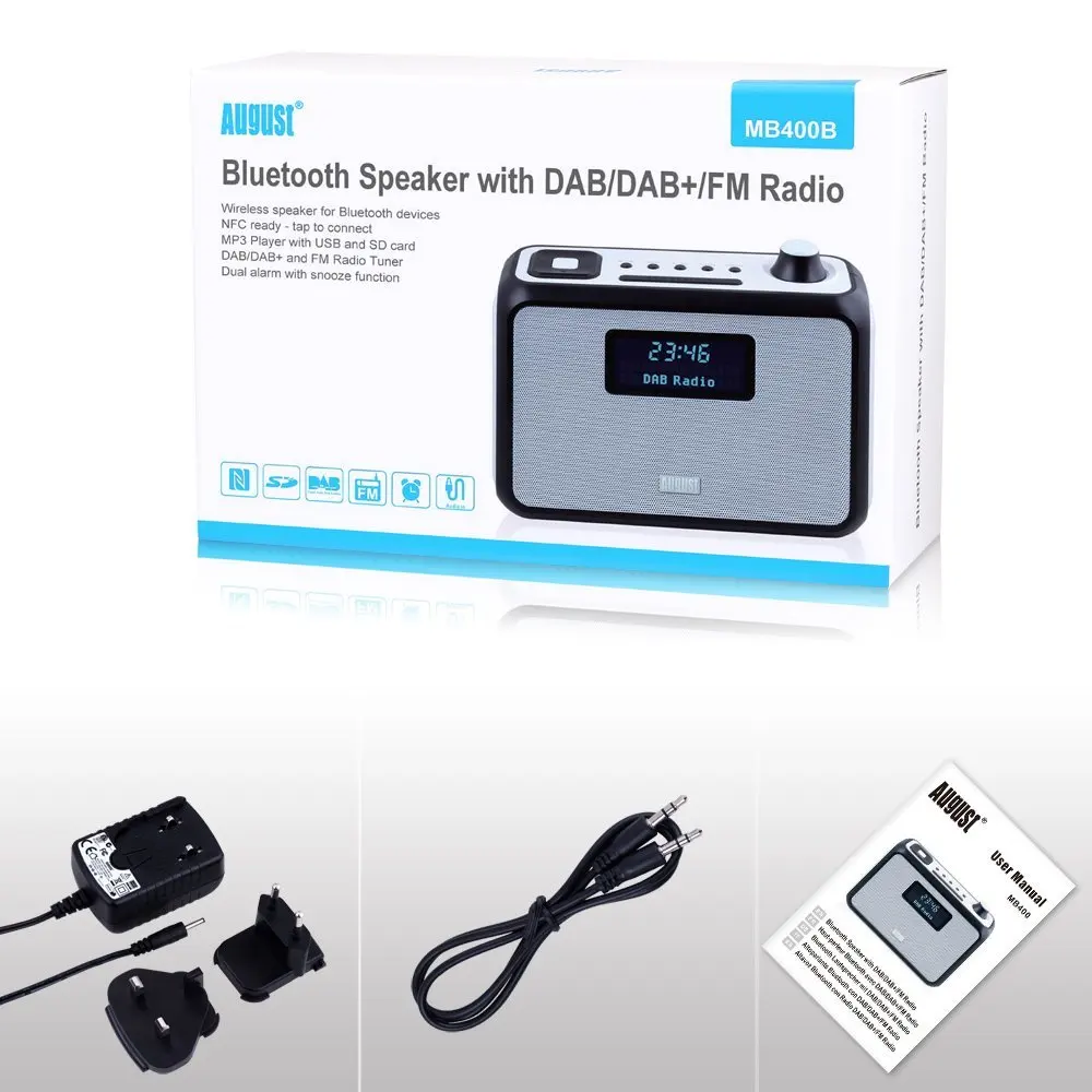 Radio FM DAB/DAB+ y Altavoz Bluetooth Portátil Reproductor MP3 Lector USB Tarjetas SD y Entrada Auxiliar August MB400 