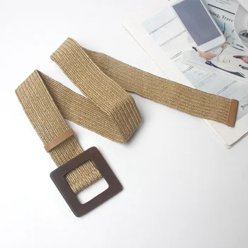 

Braided Belt With Wooden Buckle Ladies Casual Solid Luxury Fashion Dress Summer High Quality Woven Women Straw Belt Wood