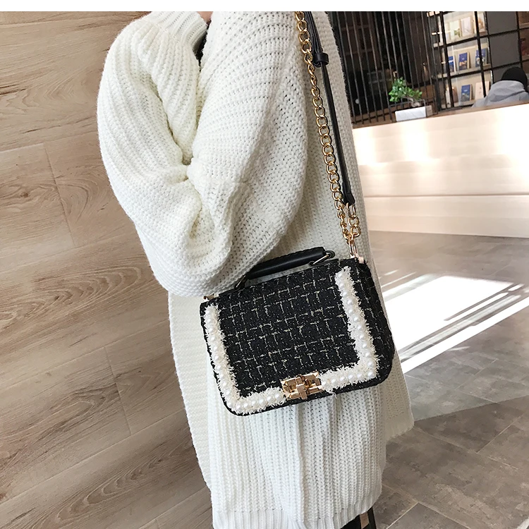 Winter Fashion New Female Square Tote bag Quality Woolen Pearl Women's Designer Handbag Ladies Chain Shoulder Crossbody Bag