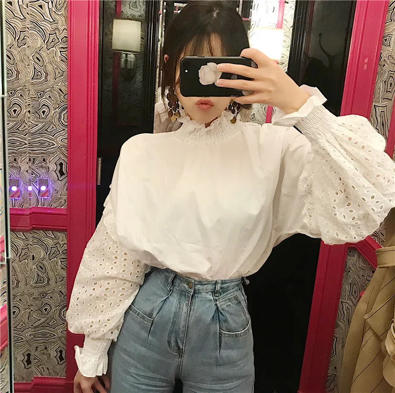 

Autumn Women Shirt Stand Collar Puff Sleeve Solid Hollow Out Sweet Shirt Lace Loose Donna Camicia Camisa White Kawaii Chemise