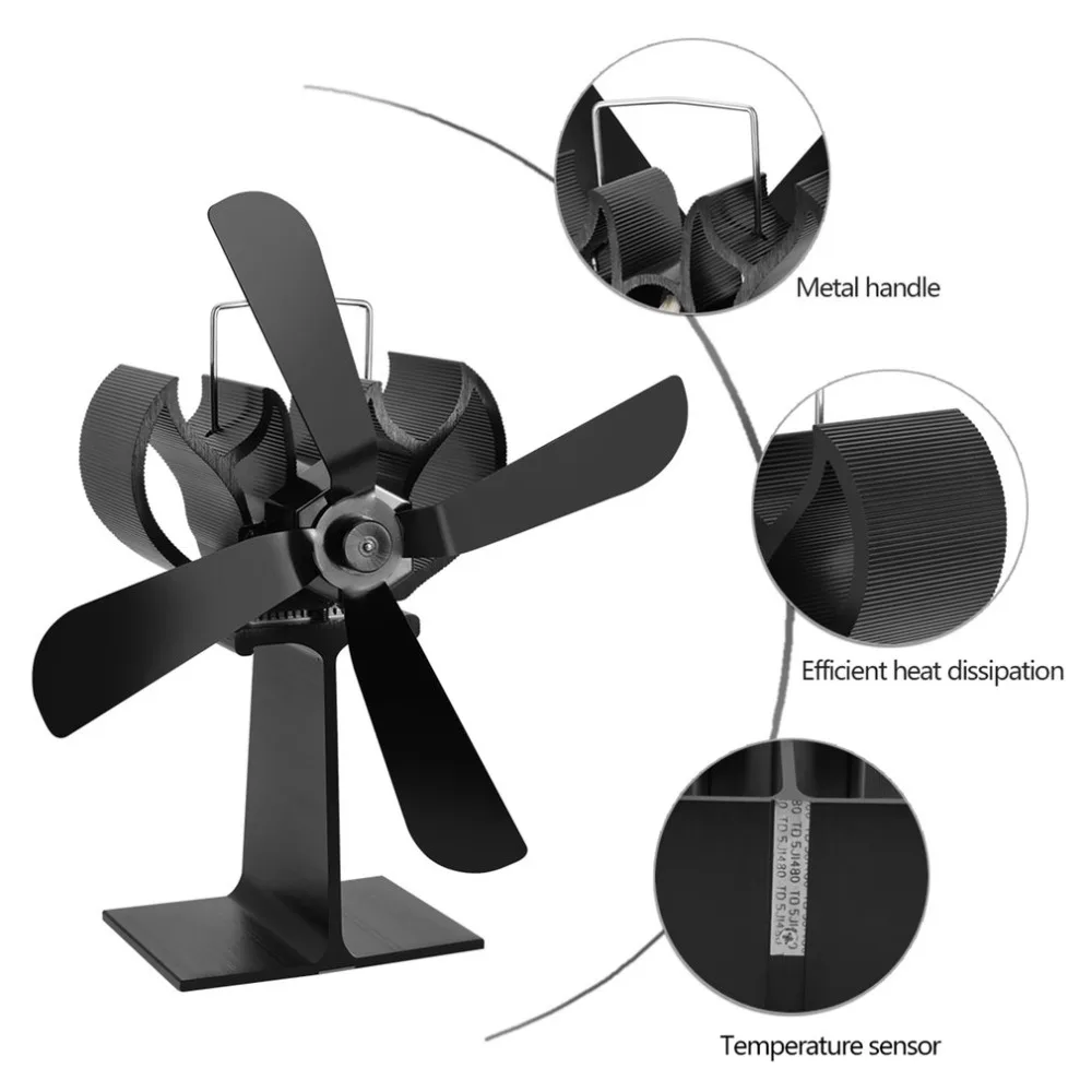 

Black Heat Powered 4 Blades Stove Fan Log Fireplace Wood Burner Eco Ultra Quiet Blower No Battery or Electricity