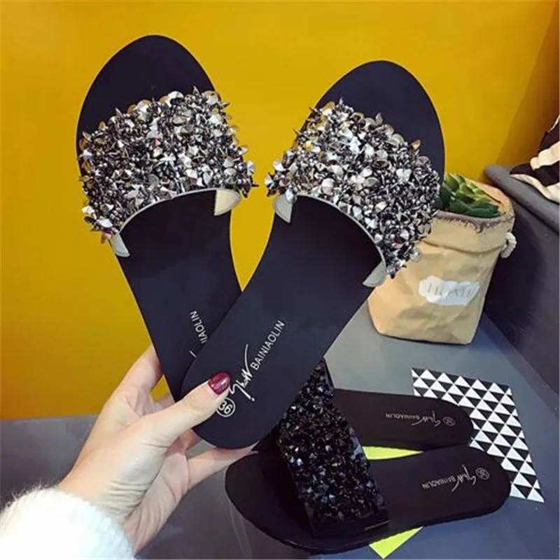 

DIWEINI 2019 Women Sandals Flips Flops Summer Style Shoes Wedges Sandals Fashion Rivet Crystal Platform Female Slides Size35-42