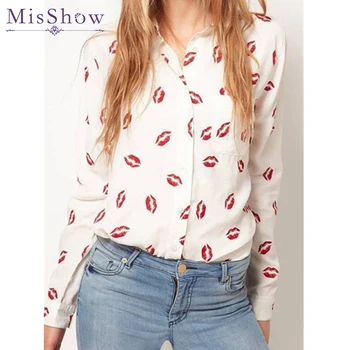 

Summer Autumn Casual Lip Print Shirts Female Long Sleeves Blouses Women's Shirt Ladies tops Chiffon Fashion Casima Feminina 2018