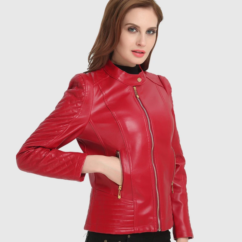 2018 6XL Fashion Woman Short Motorcycle Pu Leather Zipper Red Jacket For Female Women Basic Jackets Autumn Large Sizes Outerwear