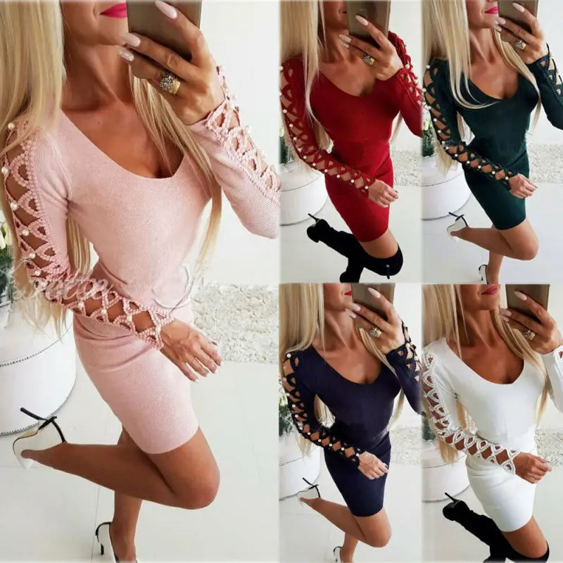 

Women's Hollow Bodycon Mini Dress V-Neck Long Sleeve Evening Party Dress