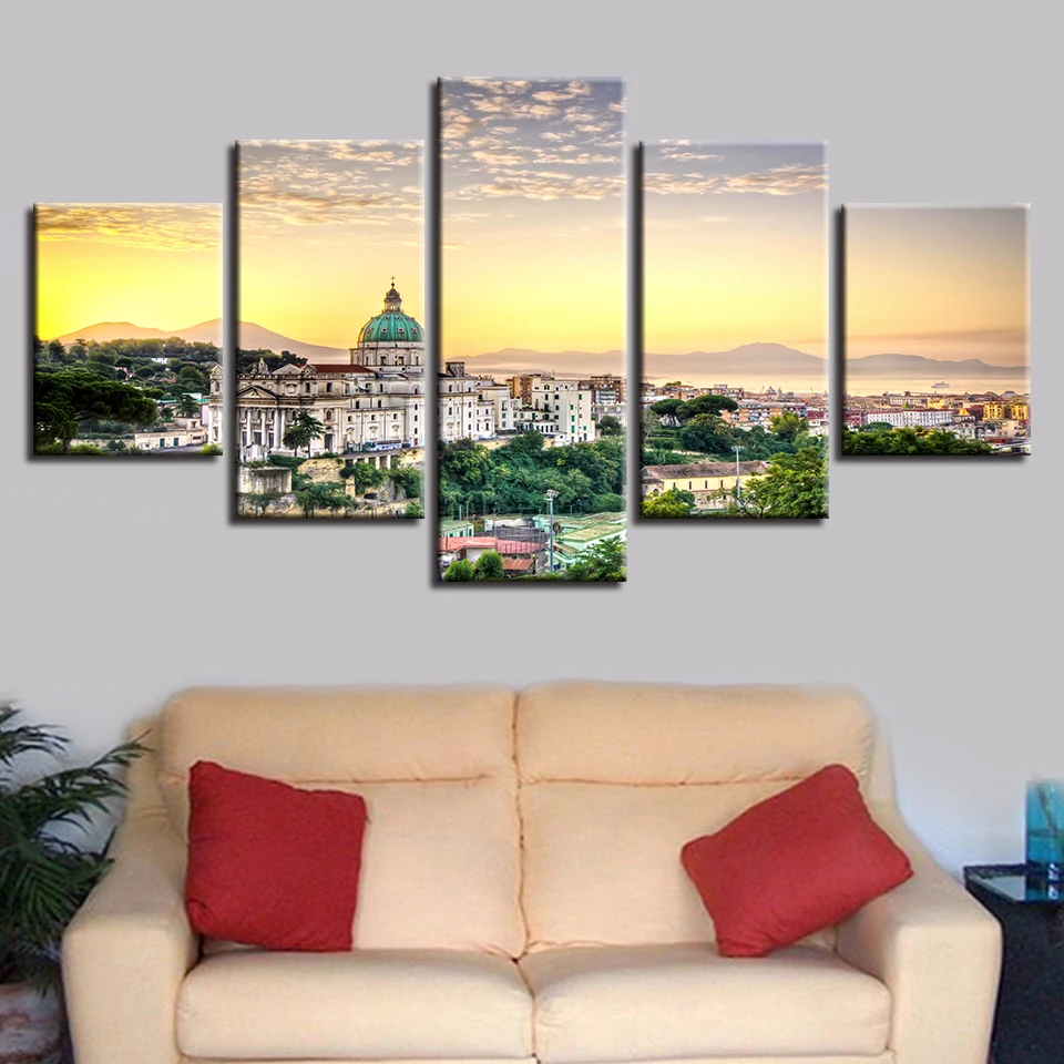 

Canvas Pictures Modular Poster Frame 5 Pieces Christian Church Building Natural Scenery Painting HD Printing Wall Art Decor Room