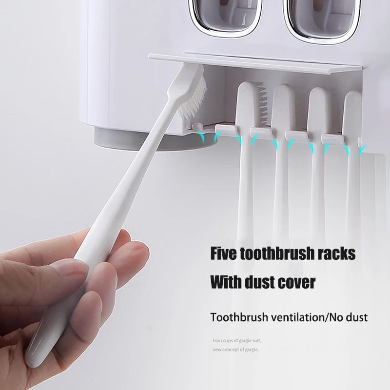 Online AODMUKI baño dispensador automático de pasta de dientes exprimidor de pasta de dientes montado en la Pared Soporte de cepillo de dientes juego de accesorios de baño
