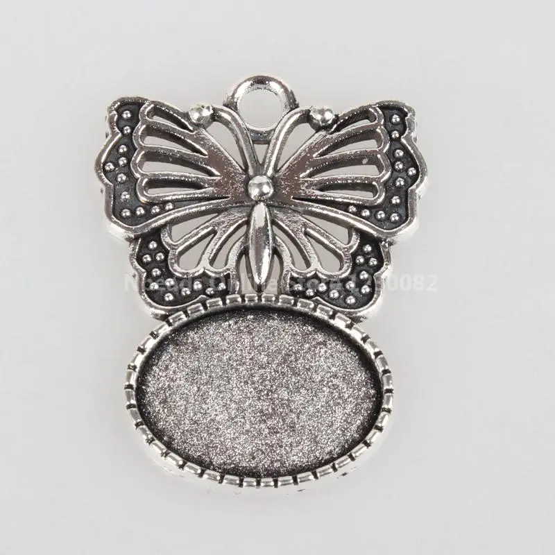 Vintage Tibetan Style Alloy Butterfly Pendant Cabochon Bezel Settings, Antique Silver, Oval Tray: 13x18mm; 33x25x2mm, Hole: 3mm Vintage Tibetan Style Alloy Butterfly Pendant Cabochon Bezel Settings, Antique Silver, Oval Tray: 13x18mm; 33x25x2mm, Hole: 3mm