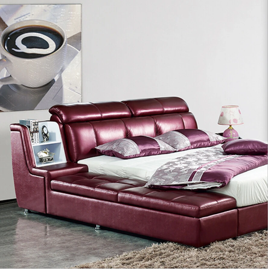 Webetop Modern Luxury Home Furniture Bed Set with Bedside Cabinet Leather Bed New Soft Leather Bed