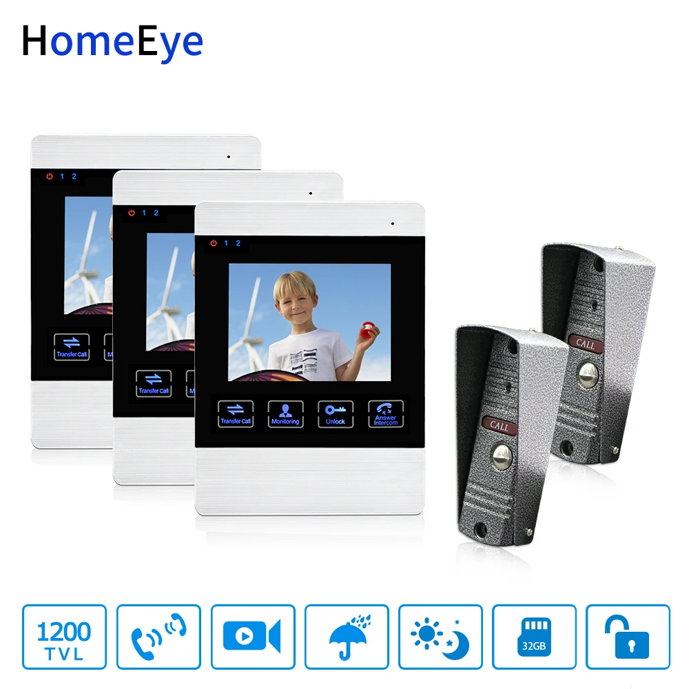 HomeEye 4-Wired 2-3 Access System Video Door Phone Video Intercom Touch Button Doorbell Camera 4'' Monitor Video Record OSD Menu HomeEye 4-Wired 2-3 Access System Video Door Phone Video Intercom Touch Button Doorbell Camera 4'' Monitor Video Record OSD Menu