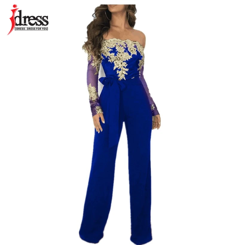 IDress 3XL сексуальный кружевной черный комбинезон с открытыми плечами женские летние элегантные широкие комбинезоны с открытой спиной длинный костюм пляжного типа - Цвет: Blue Gold
