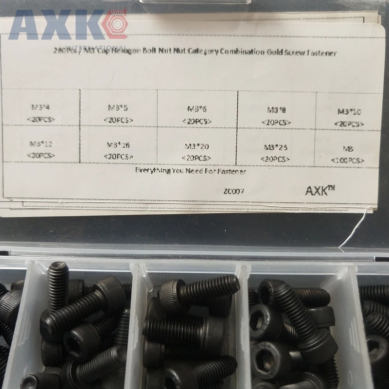 

AXK 280Pcs/Box M3 Cap Head Hex Socket Bolt Screw Nut Assortment Set Alloy Steel Screw Fastener Hardware With Box ZC007