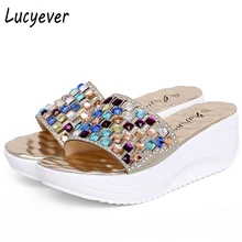 Lucyever 2017 New Summer Colorful Rhinestone Slipper Wedge Platform Shoes Woman Fashion Crystal Beach Flip Flops Leisure Sandals