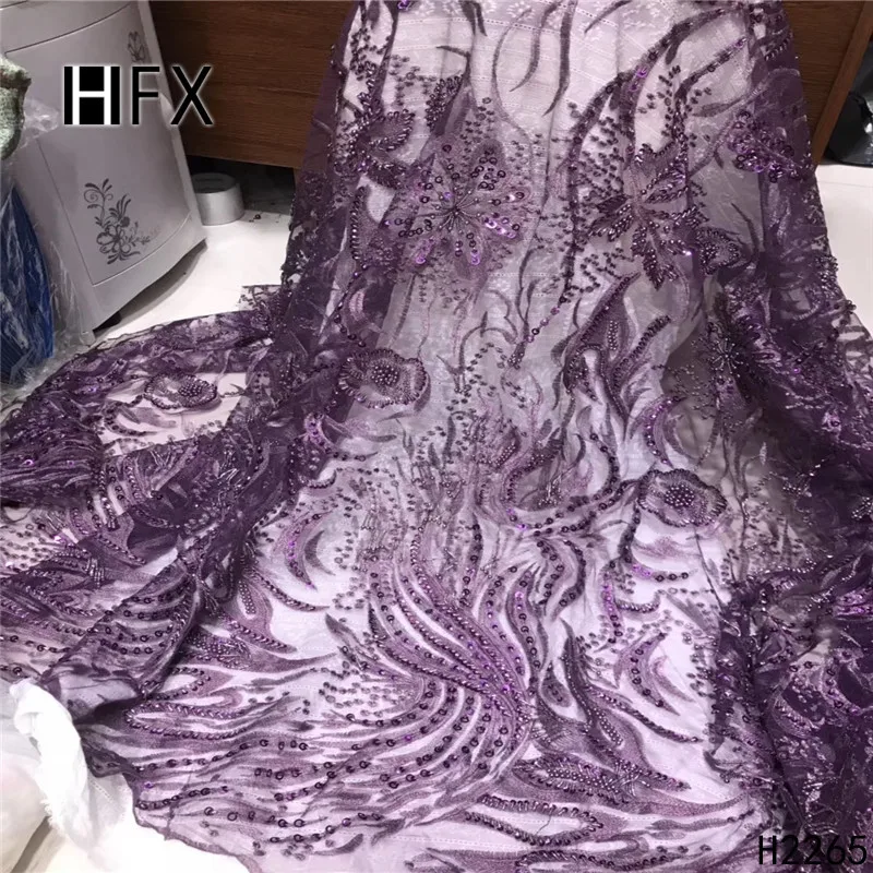 

HFX Luxury Purple Handmade Beaded Embroidery Lace Fabric High Quality African Bridal Dress Tulle Lace Fabric for Lady X2265
