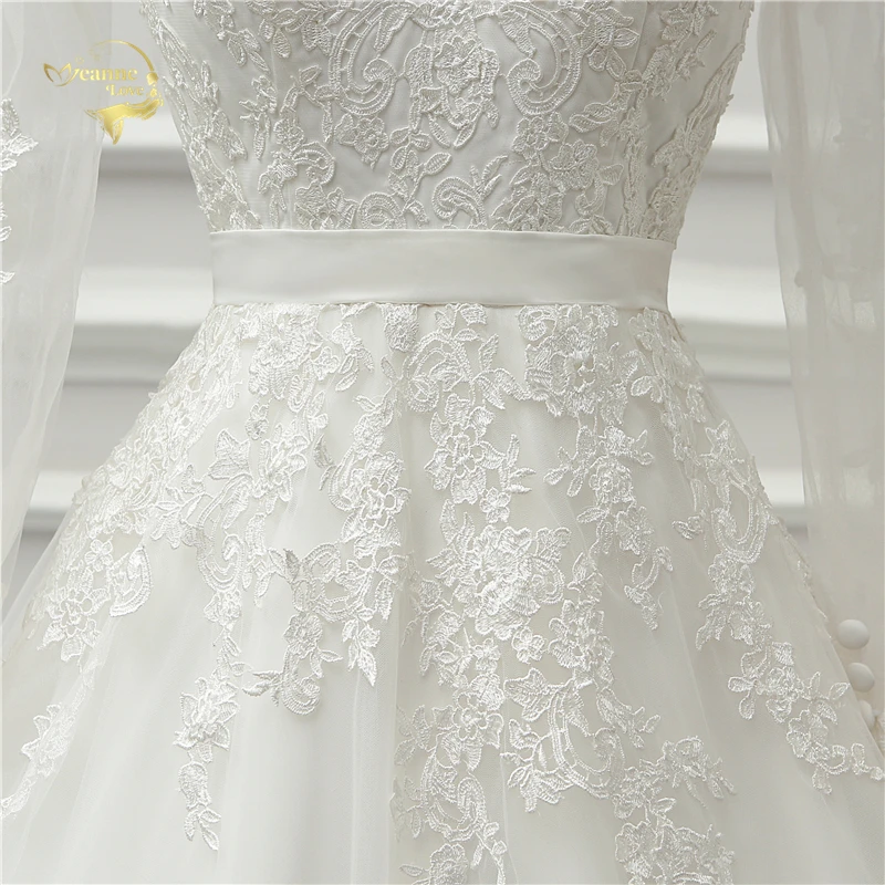 V Neck Backless Lace Long Sleeves White Wedding Dress