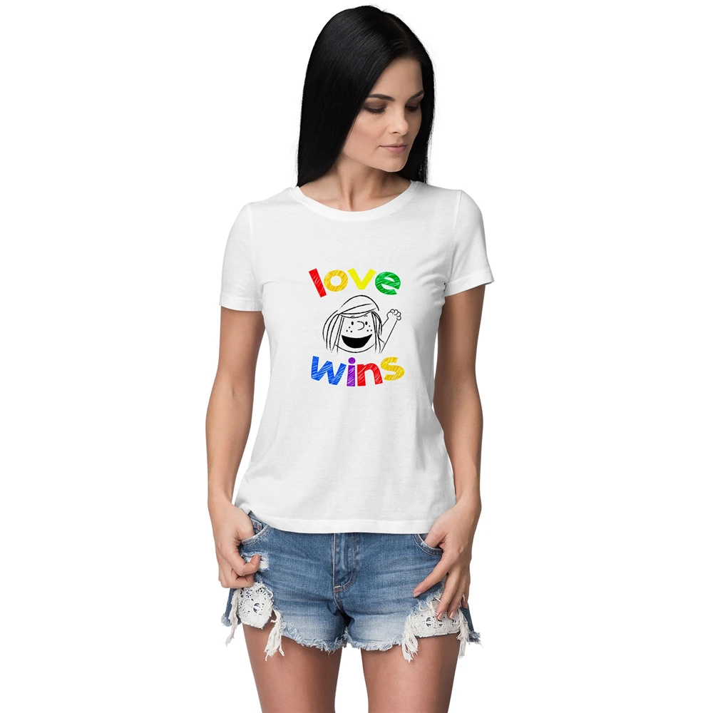 

Women Short Sleeve White Tshirt Love Wins Print Cute Girl Harajuku T Shirt
