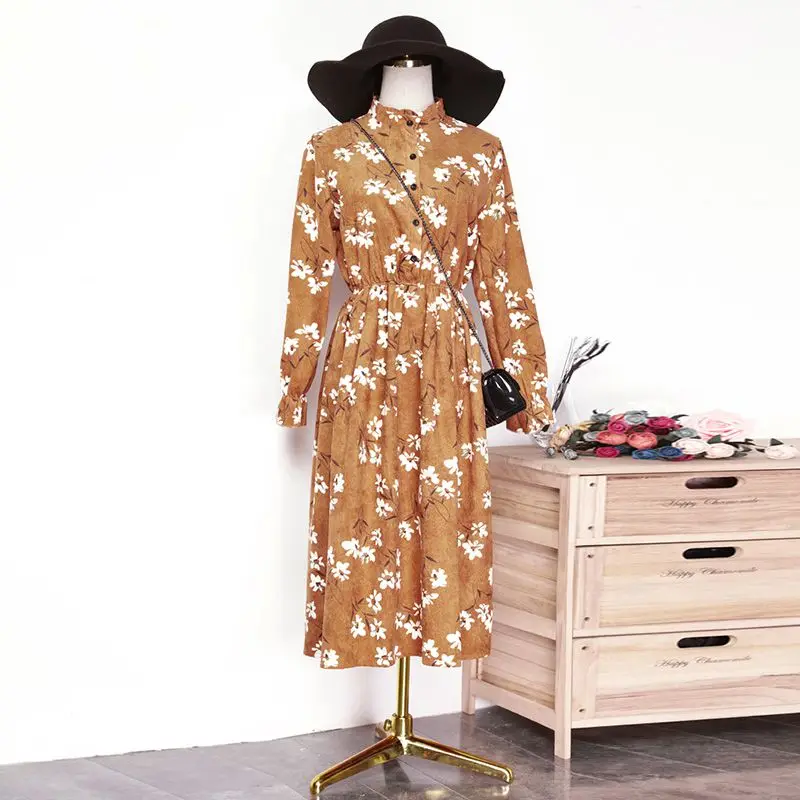 Женское весеннее платье с длинным рукавом винтажное в стиле ретро цветочным