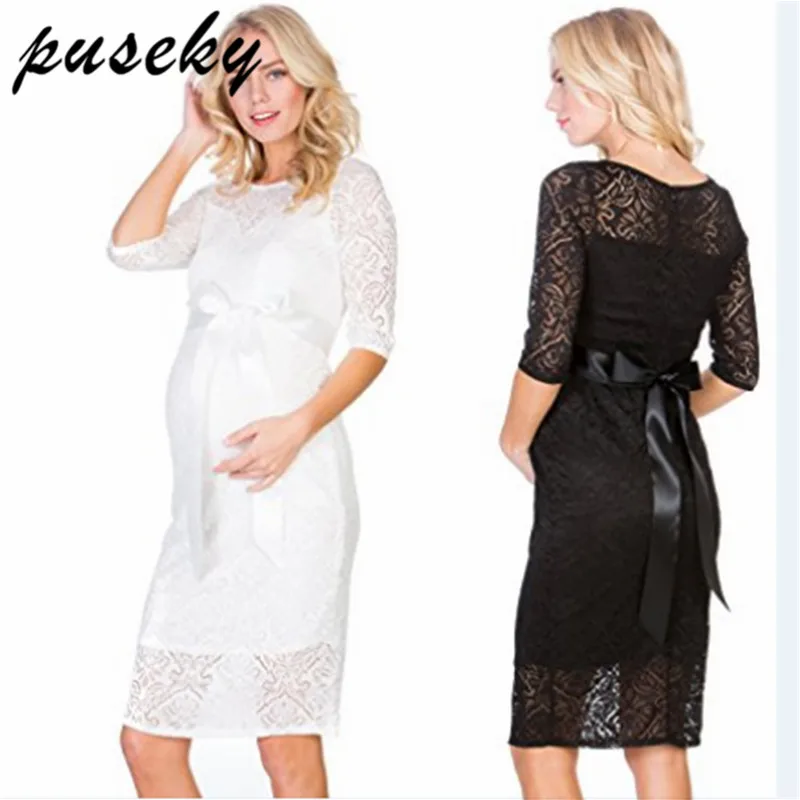 

Puseky Sexy Lace Maternity Dress Half Sleeve O-Neck Two Layers Maternity Dress for Pregnancy Evening Party Elegant Office Dress