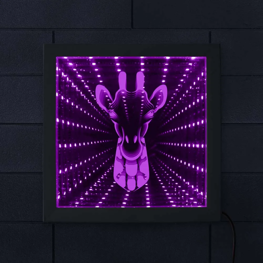 Best Giraffe Face 3D Optical Illusion Night Light Illuminated Wooden Frame Mirror Safari Animal Giraffe Head LED Infinity Decor Mirro
