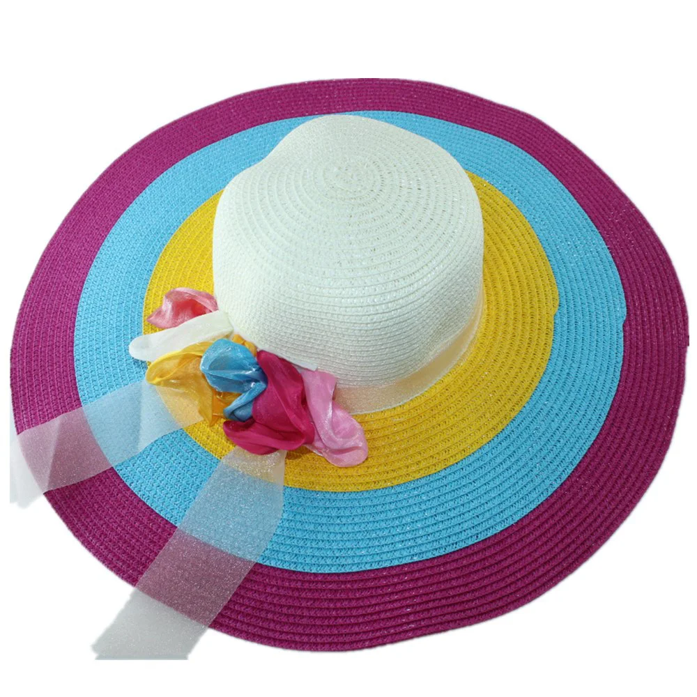 

2019 Summer Ladies Straw Hat Bow Rainbow Woven Straw Hat UV Protection Straw Hat Bohemian Beach Ladies Sunscreen Rainbow Cap