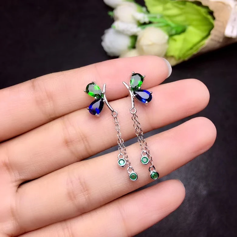 

natural Multicolor diopside drop earrings Natural sapphire Fashion Flowers Butterfly earrings S925 silver female party jewelry