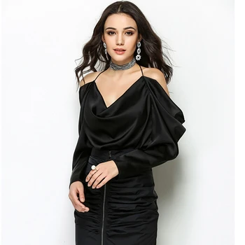 

Off Shoulder Blouse Women Elegant Design Halter Top Long Sleeves 2 Colors Ladies Solid Loose Blouse New Fashion Style 2018