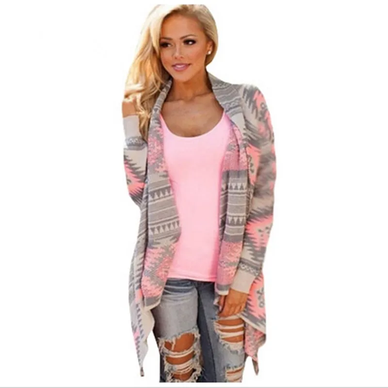 Casual Geometric Printed Long Sleeve Asymmetric Cardigan Sweaters For