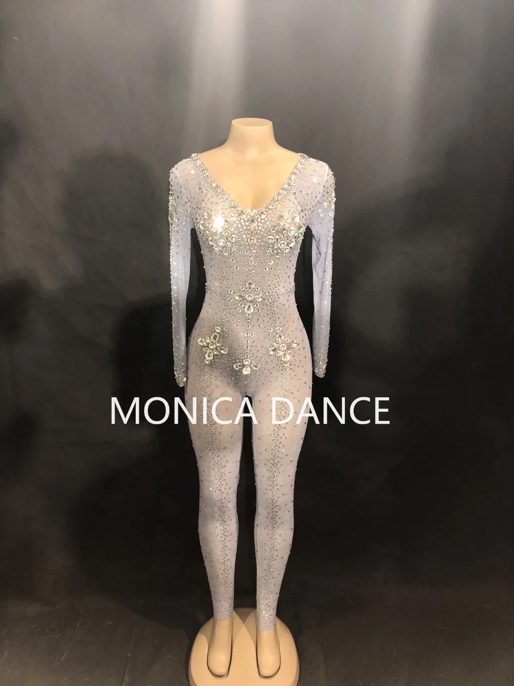 Femmes Verre Danse Salopette Chanteur Jumpsuit Costumes Porter Discothèque Sexy Body Net Mousseux Grand Stage Cristaux Bling Parti Danseur Fil rax1rHXwn