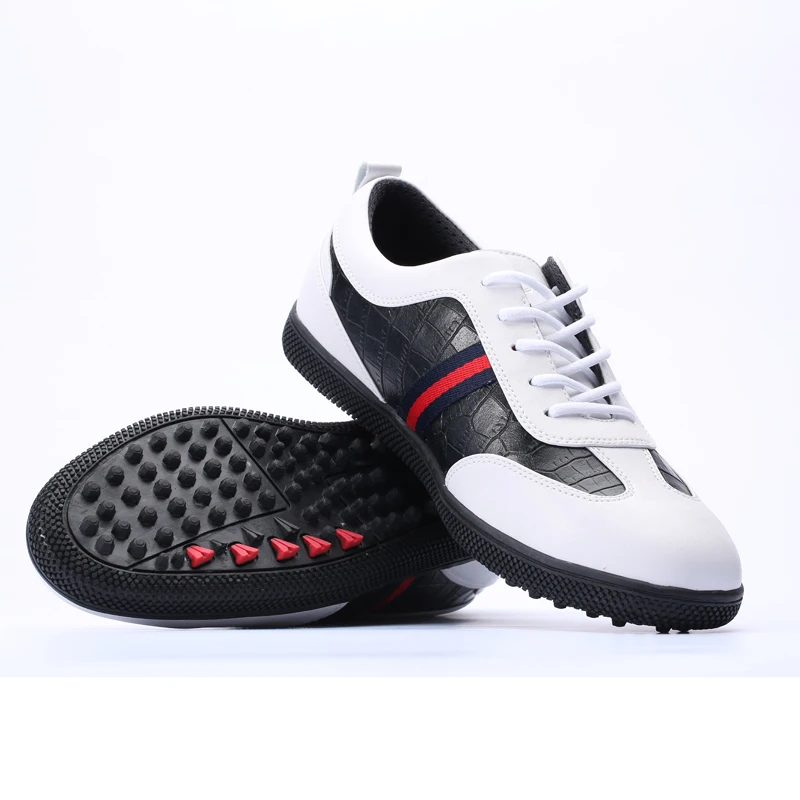 

Golf shoes men sneakers new arrival leather PU men shoes black and white with red striped smart soft sole design