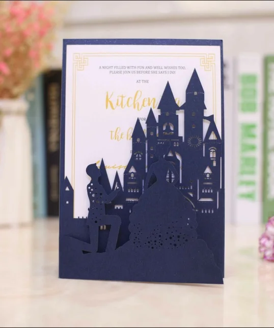 dark navy blue 20 шт./лот темно-синий pocketfold лазерная резка Замок Свадебные Пригласительные открытки три сложенные карты карман поздравительное приглашение - Цвет: dark navy blue
