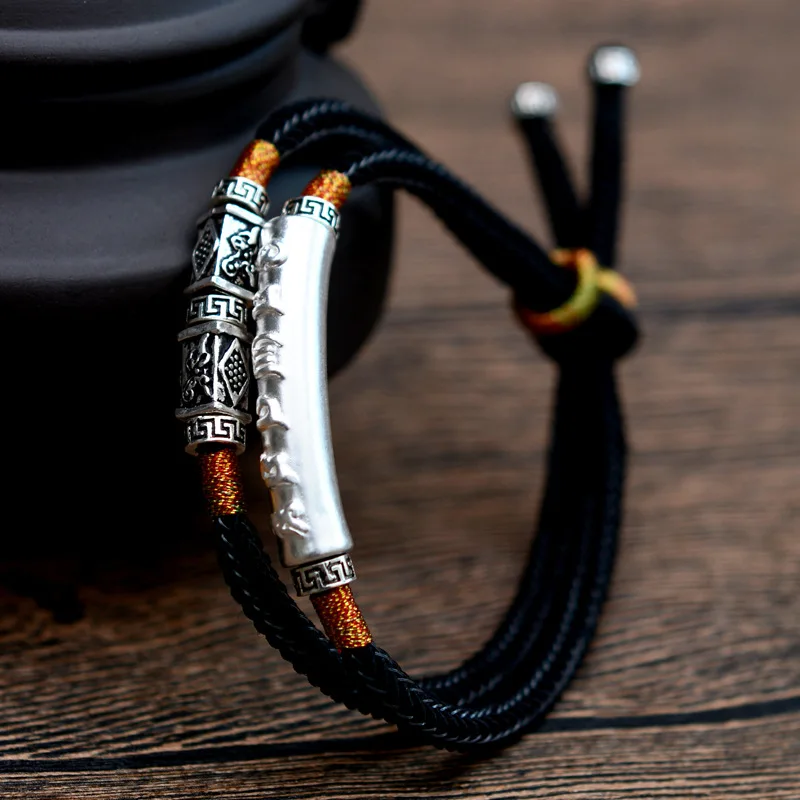Серебро 999 пробы Ом Мани Падме Хум Выгравированный изгиб очарование S925 плетеный браслет ручной работы для мужчин двухслойная счастливая Веревка Цепь