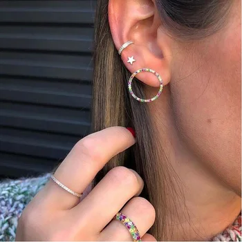 

Gold color round circle geometric stud earring paved rainbow colorful cz zirconia fashion trendy women jewelry