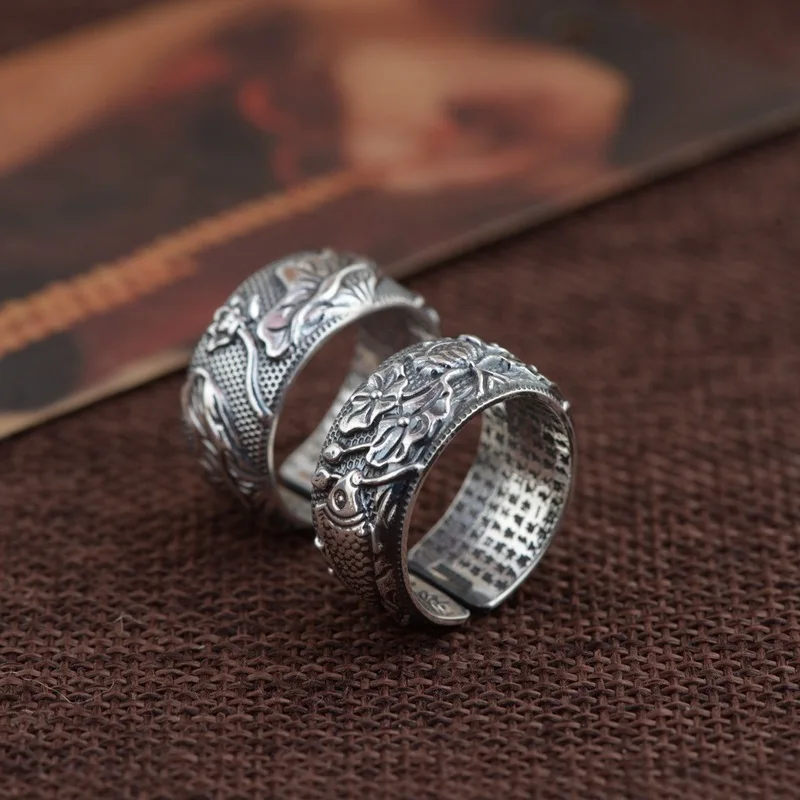 

S990 pure silver antique style couple Polomito heart scripture ring squid lotus ring