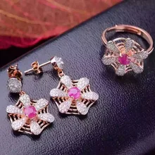 С натуральным красным Рубином драгоценный камень комплект ювелирного изделия с натуральным камнем драгоценный камень кольцо серьги 925 серебро Стильный Прекрасный сетевой вентилятор женские свадебные украшения