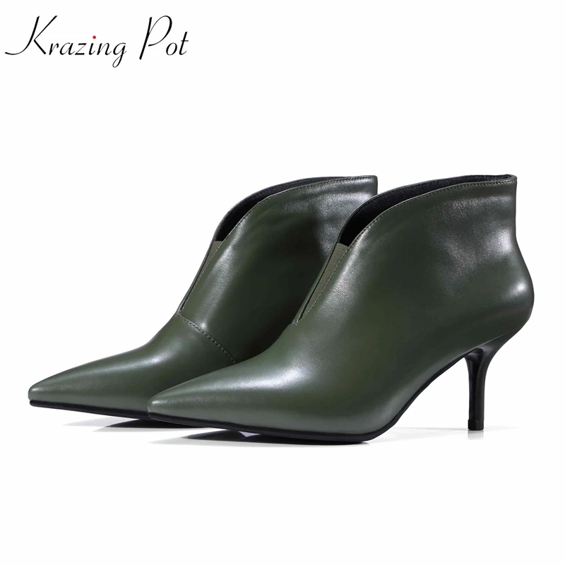 

Krazing Pot genuine leather pointed toe Rome gladiator handsome green black color stiletto heels career Chelsea ankle boots L79