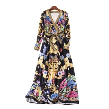 

XF Hawaii Beach Holiday Party Milan Fashion Rose Print V-Neck Long Sleeve + Belt High Waist Slim 2019 Summer Casual Boho Dress