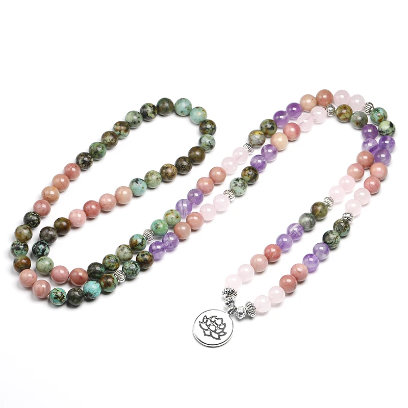 Natural African Turquoise With Rose Quartz Beaded Bracelet Women 6MM Amethys-t and Rhodochrosite Bangle Unisex Jewelry Gift