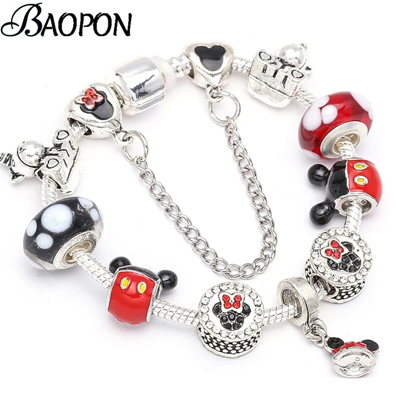 

BAOPON Fashion Silver Color Unicorn Beads Charm Bracelet & Bangle With Mickey Pendant Fine Bracelets for Women Kids Jewelry