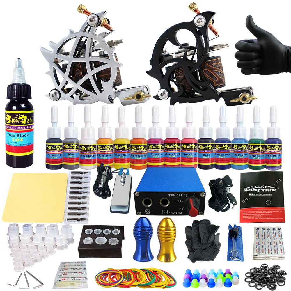 

Solong Tattoo Complete Tattoo Kits 2 Machine Gun Beginner Tattoo Set 14 Inks Needle Grips Foot Petal Power Supply TK203-13