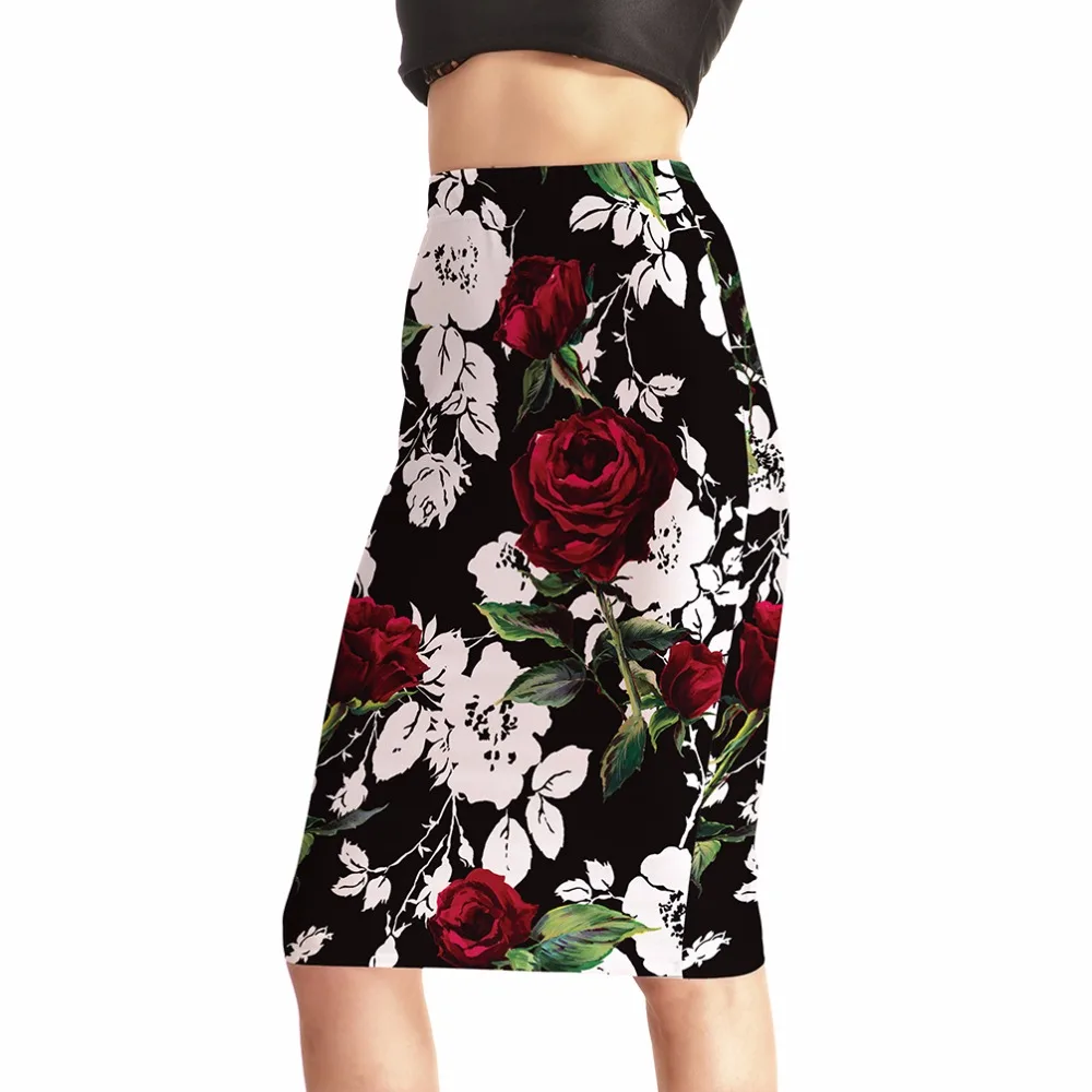 

LOVE SPARK European Style Red Rose Black Skirts Printing Women Summer Pencil Skirts S To 4XL Bandage Skirt
